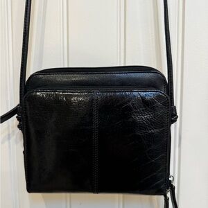 Spring Black Leather Cross Body Bag with front Wallet Pocket. 7.5” by 6.5” by 1”
